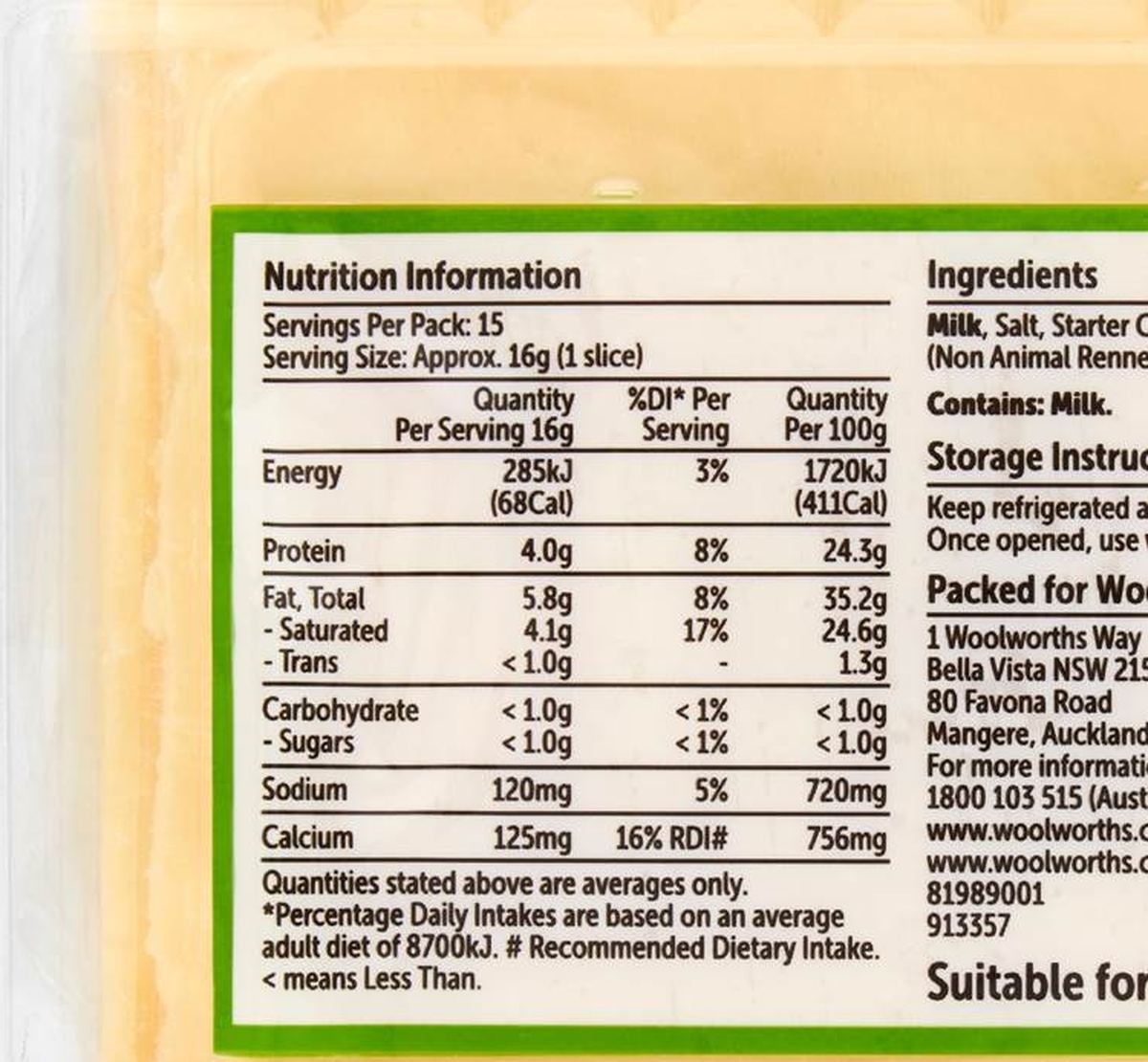Pack photograph of Woolworths Tasty Cheese Slices 250g showing the printed nutrition panel