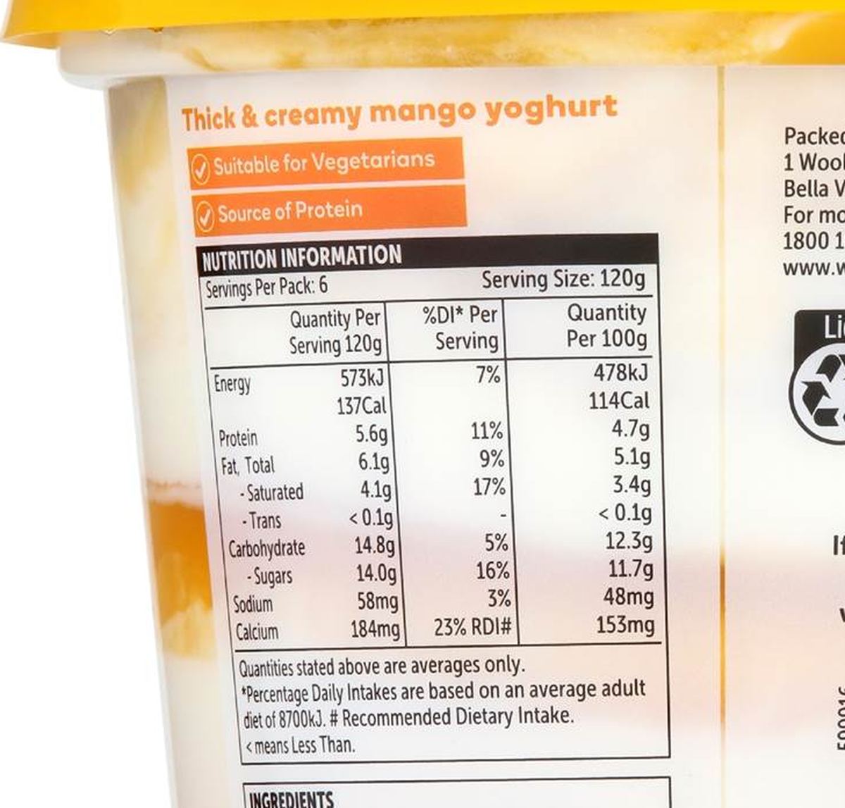 Pack photograph of Woolworths Fruit Swirled Mango Yoghurt 720g showing the printed nutrition panel