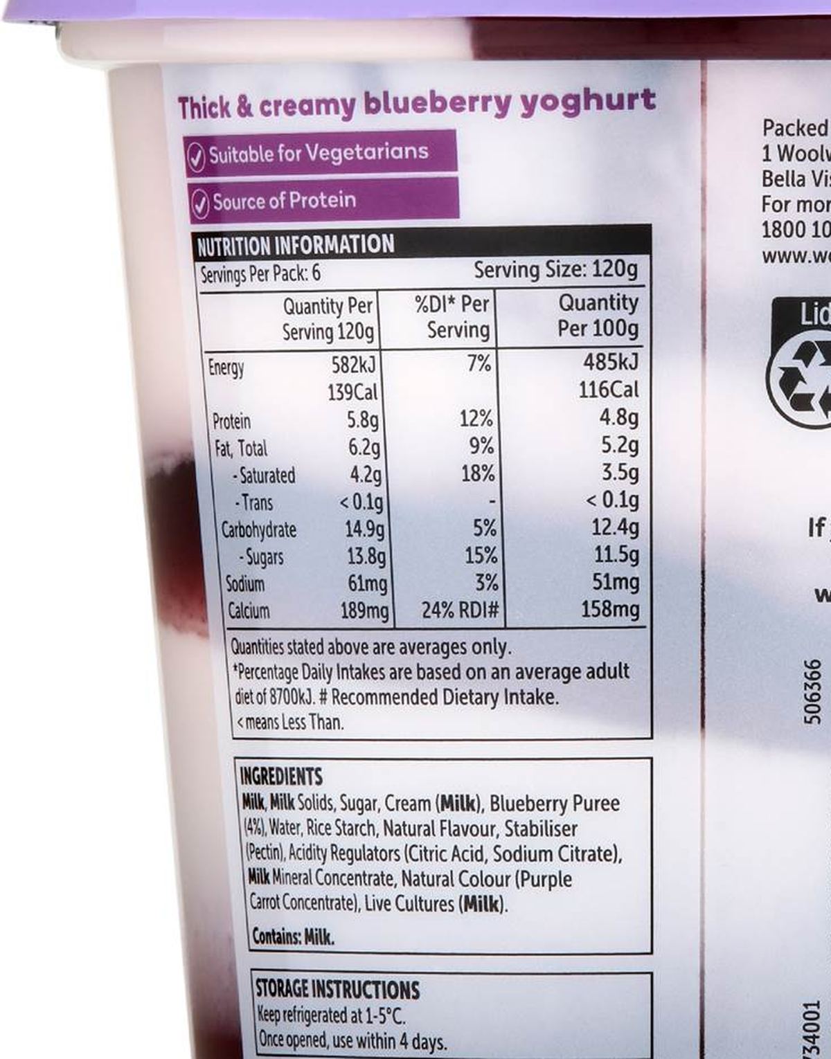 Pack photograph of Woolworths Fruit Swirled Blueberry Yoghurt 720g showing the printed nutrition panel