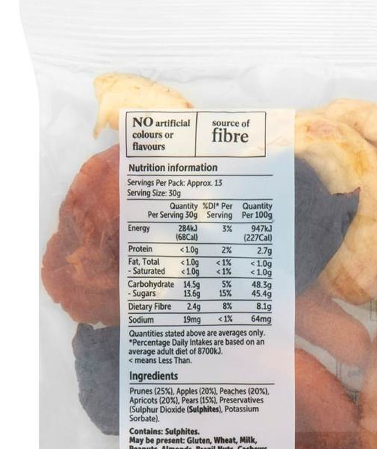 Pack photograph of Woolworths Orchard Fruit Blend Dried Fruit 400g showing the printed nutrition panel