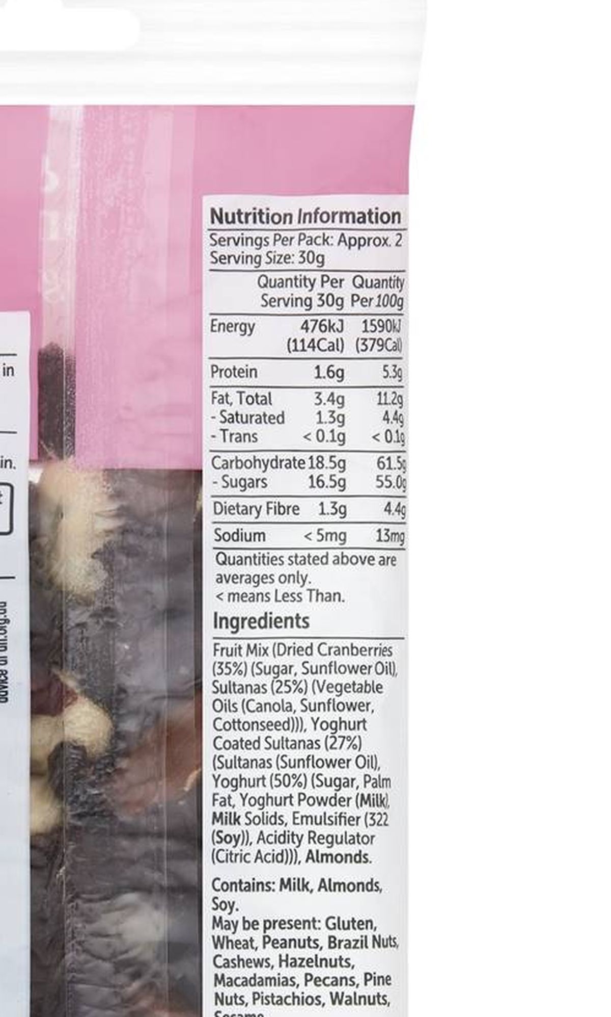 Pack photograph of Woolworths Fruit & Almond Mix With Yoghurt 80g showing the printed nutrition panel
