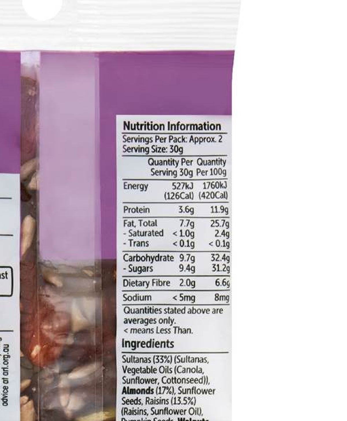 Pack photograph of Woolworths Grab 'N Go Sachet Trail Mix 85g showing the printed nutrition panel