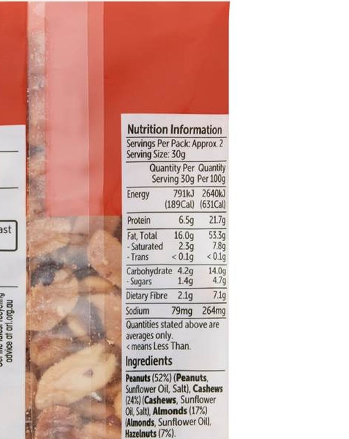 Pack photograph of Woolworths Grab 'N Go Sachet Nut Mix Roasted & Salted 80g showing the printed nutrition panel
