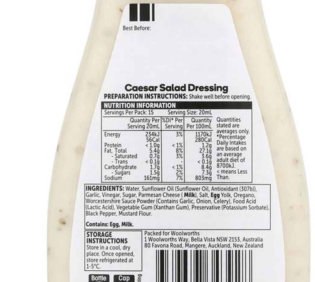 Pack photograph of Woolworths Caesar Salad Dressing 300mL showing the printed nutrition panel