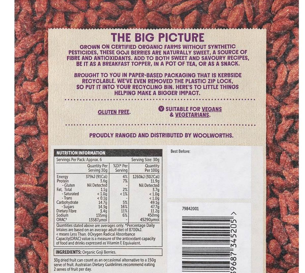 Pack photograph of Macro Goji Berries 200g showing the printed nutrition panel