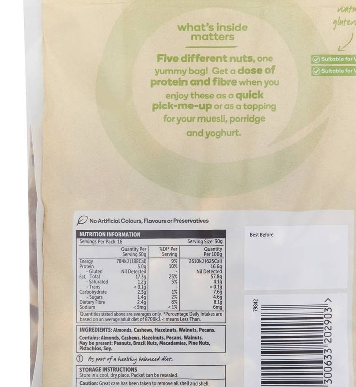 Pack photograph of Macro Natural Raw Nuts Mix 500g showing the printed nutrition panel
