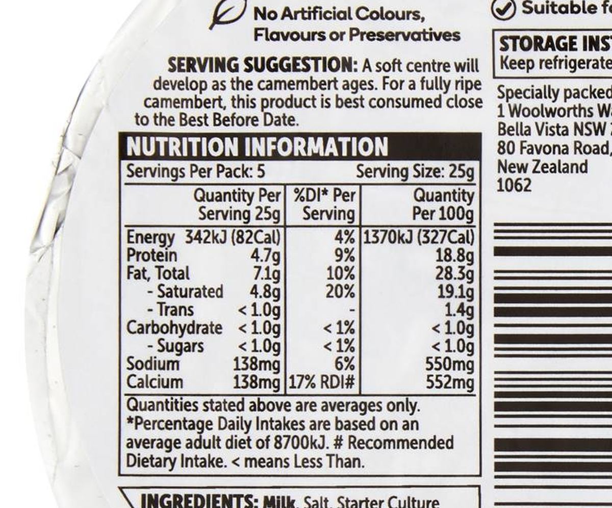 Pack photograph of Thomas Dux Camembert Cheese 125g showing the printed nutrition panel