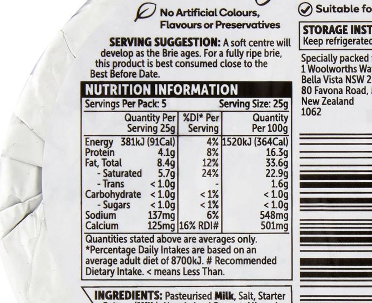 Pack photograph of Thomas Dux Brie Cheese 125g showing the printed nutrition panel