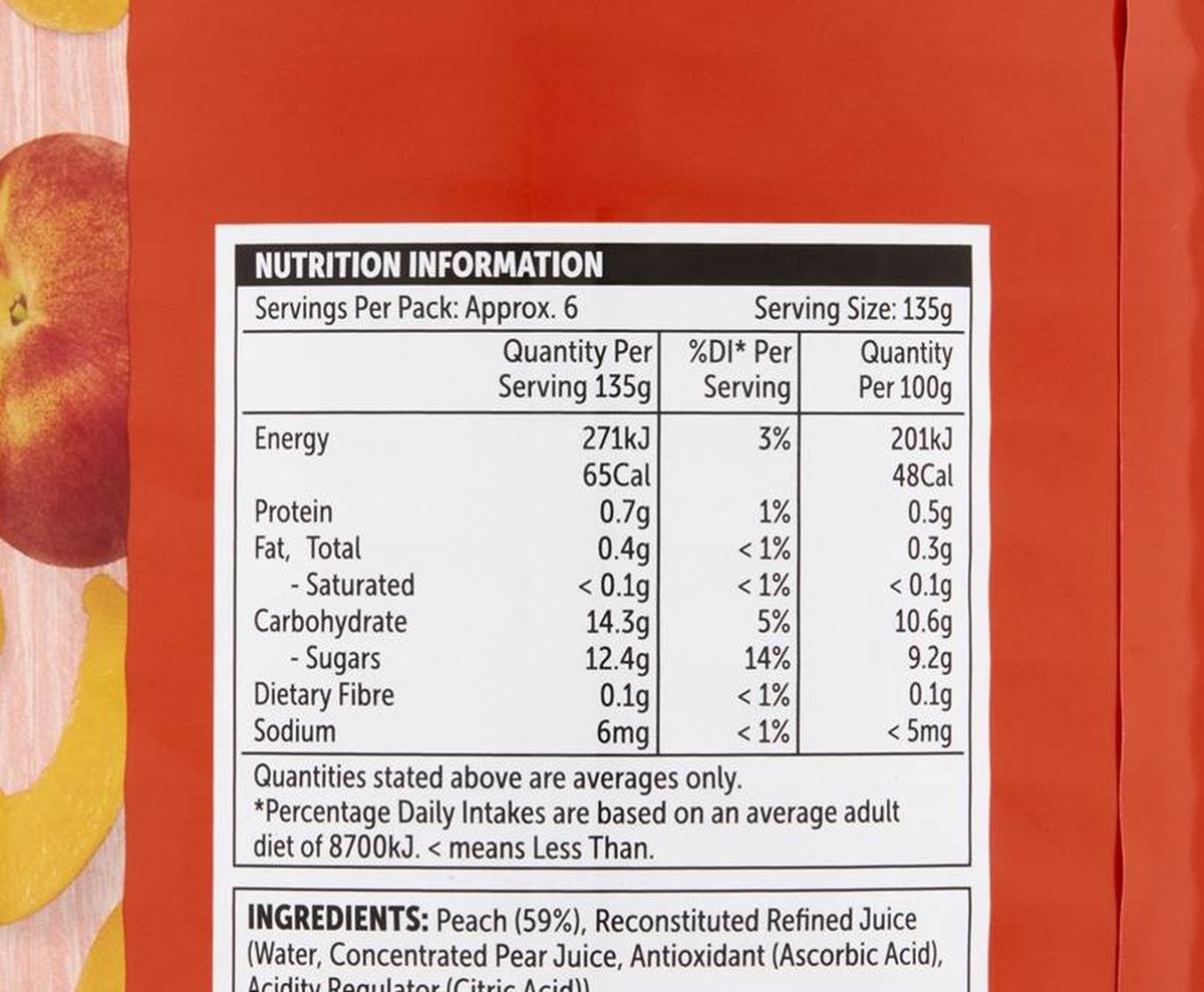 Pack photograph of Woolworths Peach Slices In Juice 825g showing the printed nutrition panel
