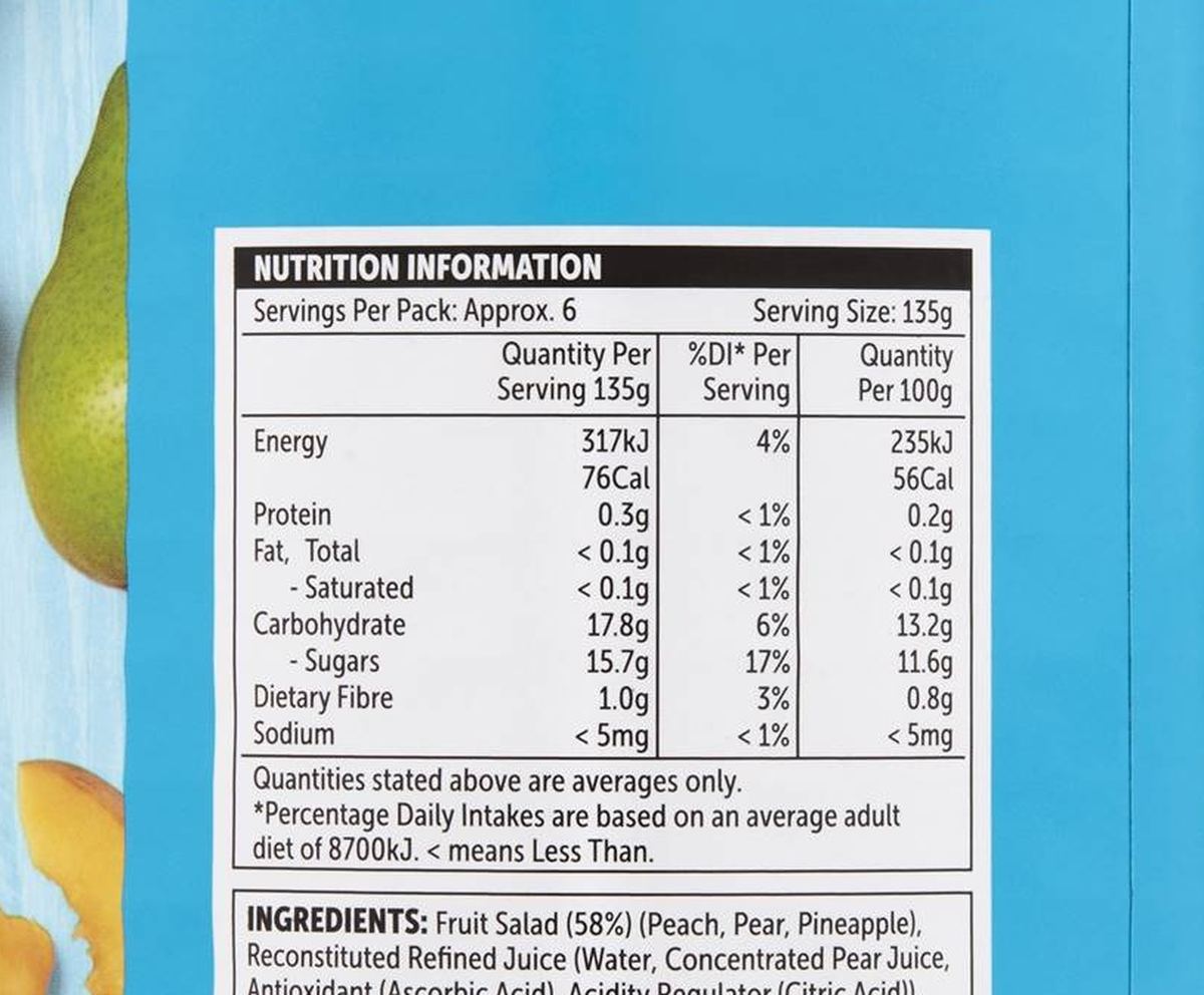 Pack photograph of Woolworths Fruit Salad In Juice 825g showing the printed nutrition panel