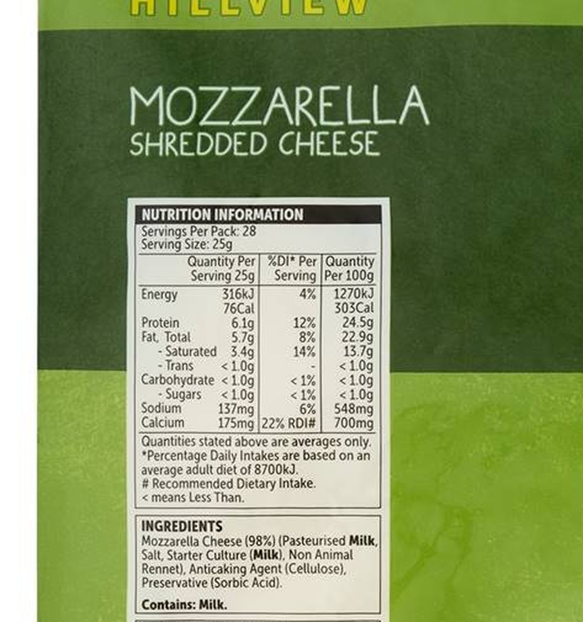 Pack photograph of Hillview Mozzarella Shredded Cheese 700g showing the printed nutrition panel
