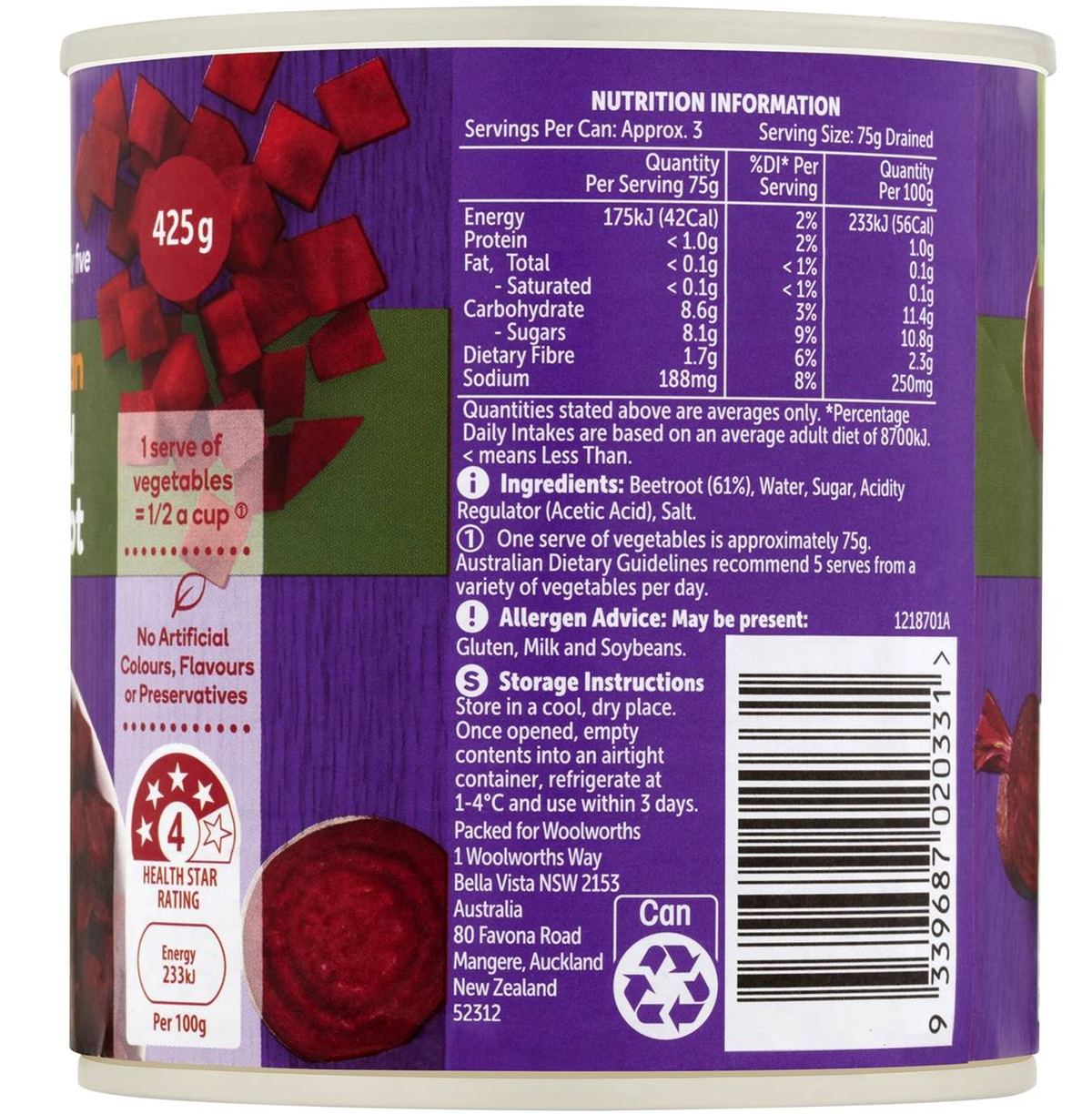 Pack photograph of Woolworths Canned Diced Beetroot 425g showing the printed nutrition panel