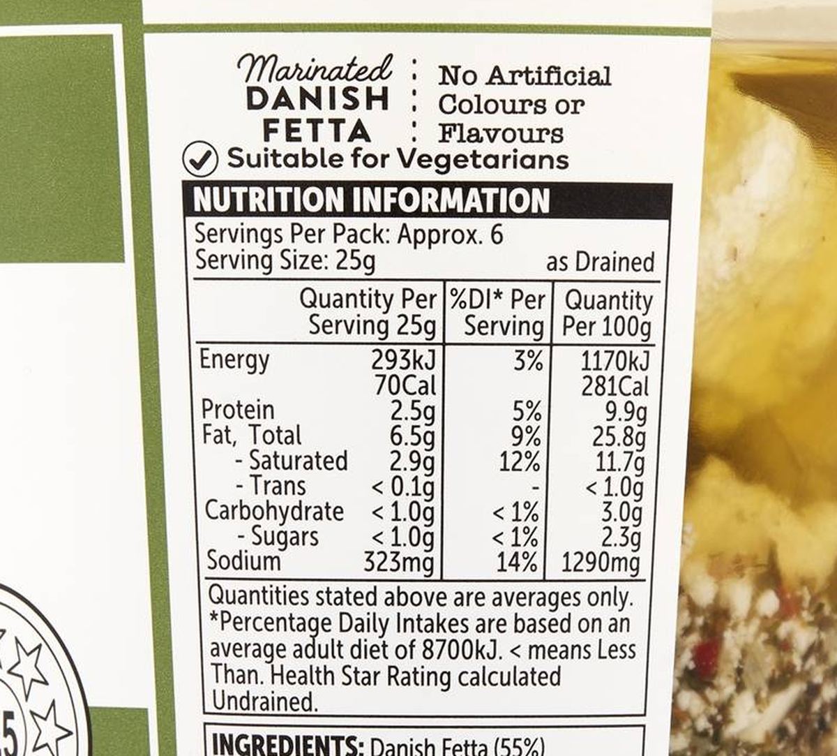 Pack photograph of Thomas Dux Marinated Danish Fetta Herb & Garlic 300g showing the printed nutrition panel