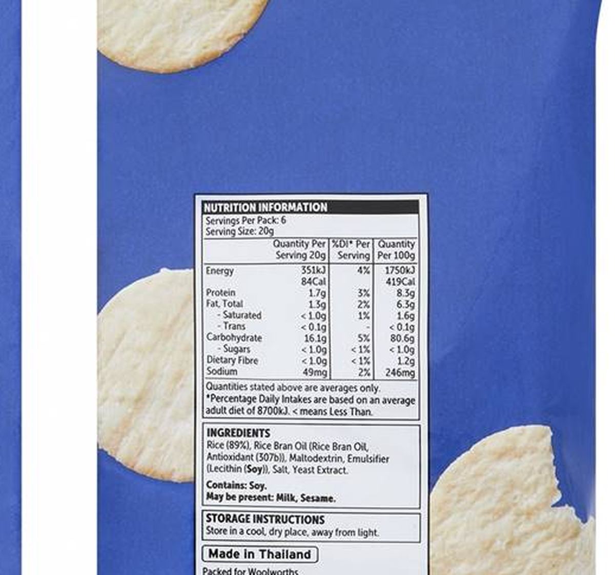 Pack photograph of Woolworths Thin & Crispy Rice Crackers Original 6 pack showing the printed nutrition panel