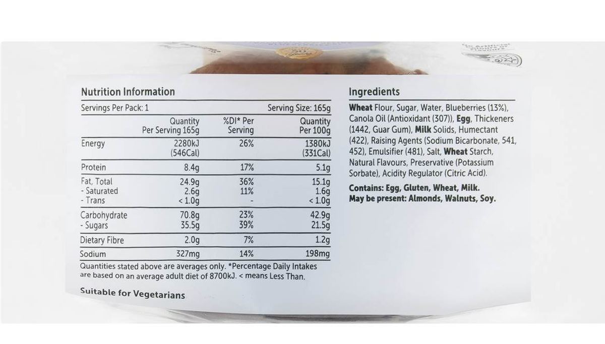 Pack photograph of Woolworths Blueberry Muffin 165g showing the printed nutrition panel