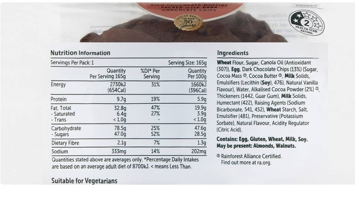 Pack photograph of Woolworths Double Chocolate Muffin 165g showing the printed nutrition panel