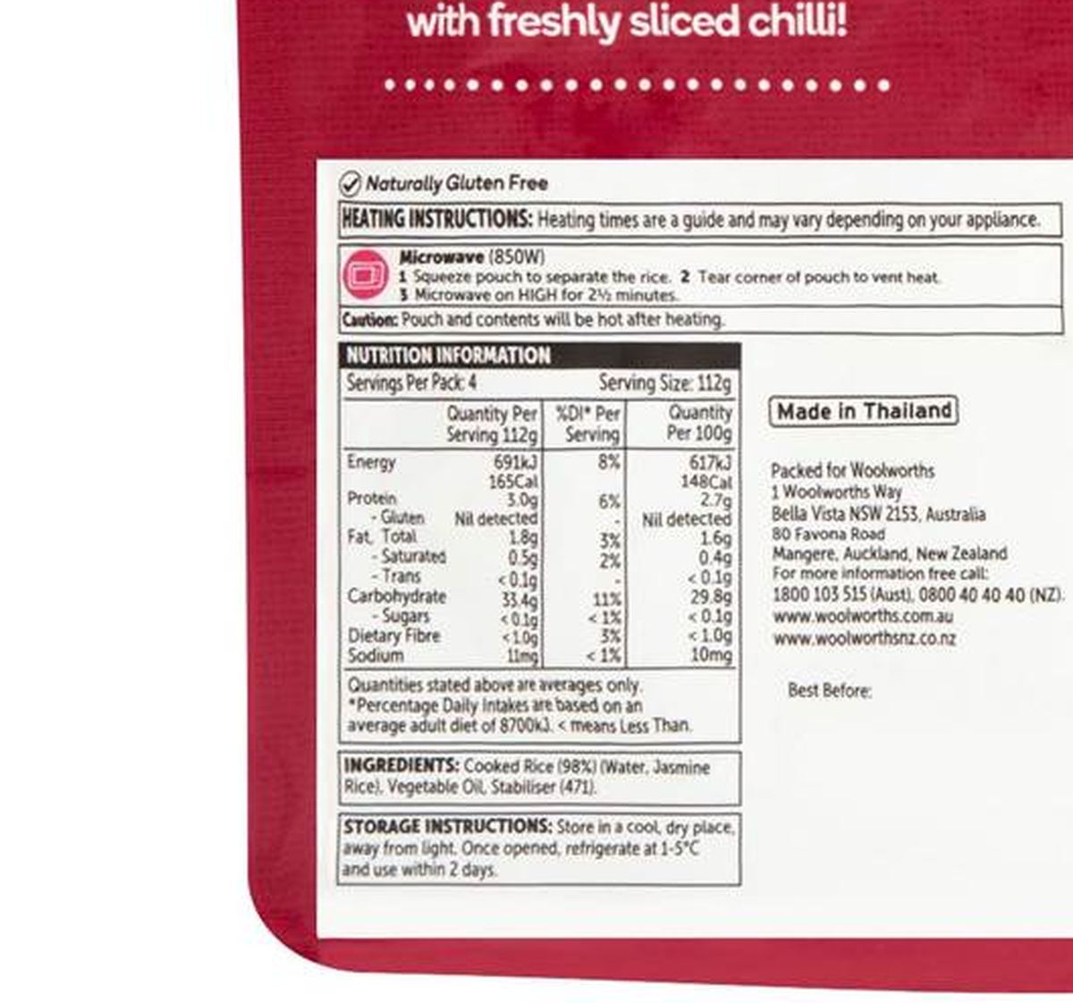 Pack photograph of Woolworths Family Size Jasmine Rice 450g showing the printed nutrition panel