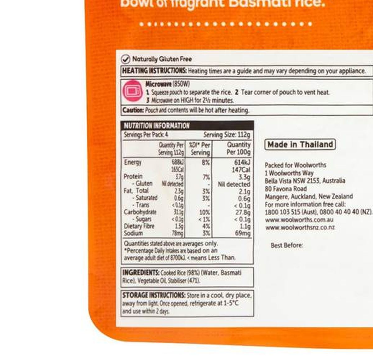 Pack photograph of Woolworths Family Size Basmati Rice 450g showing the printed nutrition panel