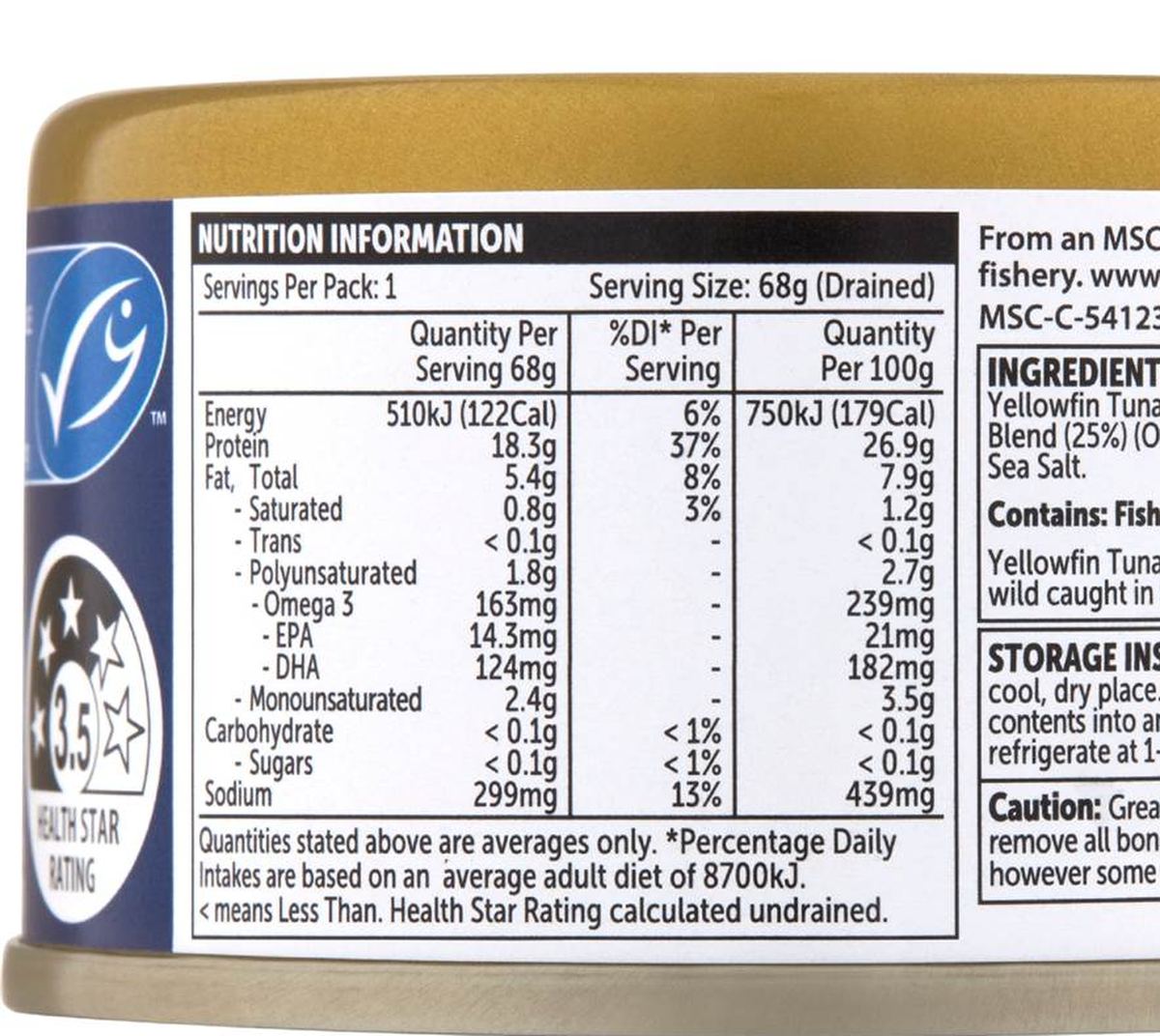 Pack photograph of Woolworths Yellowfin Tuna Chunks In Olive Oil Blend 95g showing the printed nutrition panel