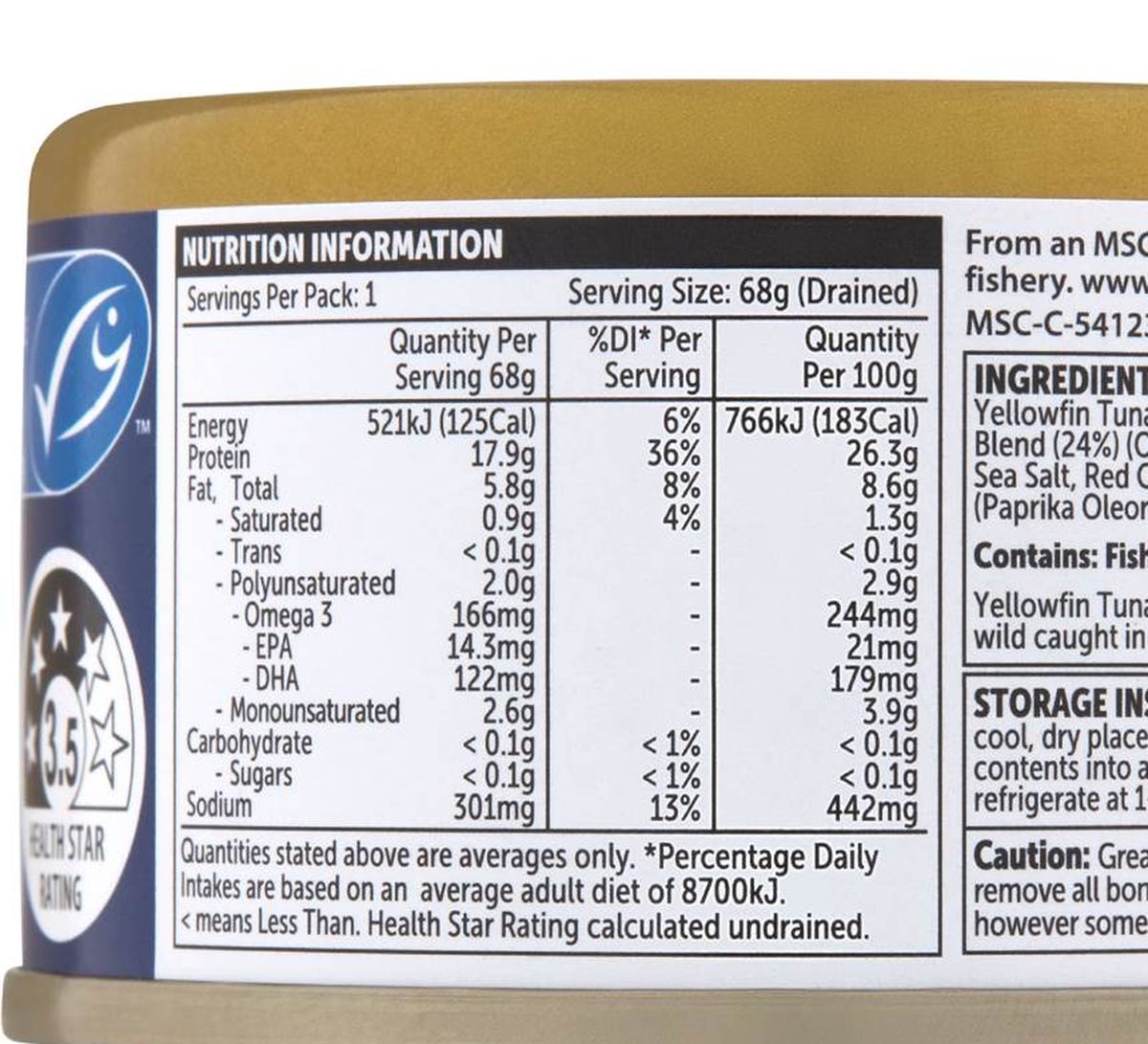 Pack photograph of Woolworths Yellowfin Tuna Chunks Olive Oil With Chilli 95g showing the printed nutrition panel
