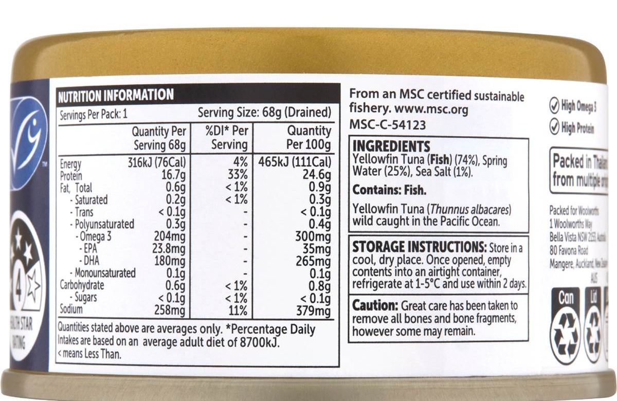 Pack photograph of Woolworths Yellowfin Tuna Chunks Springwater & Sea Salt 95g showing the printed nutrition panel