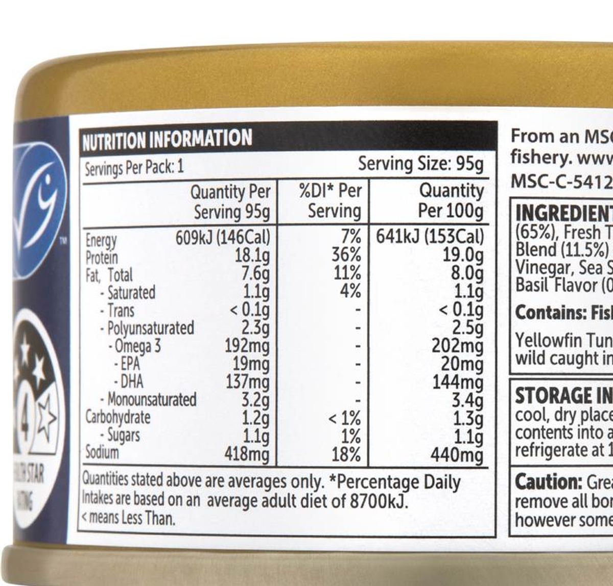 Pack photograph of Woolworths Yellowfin Tuna Chunks Olive Oil With Tomato Basil 95g showing the printed nutrition panel