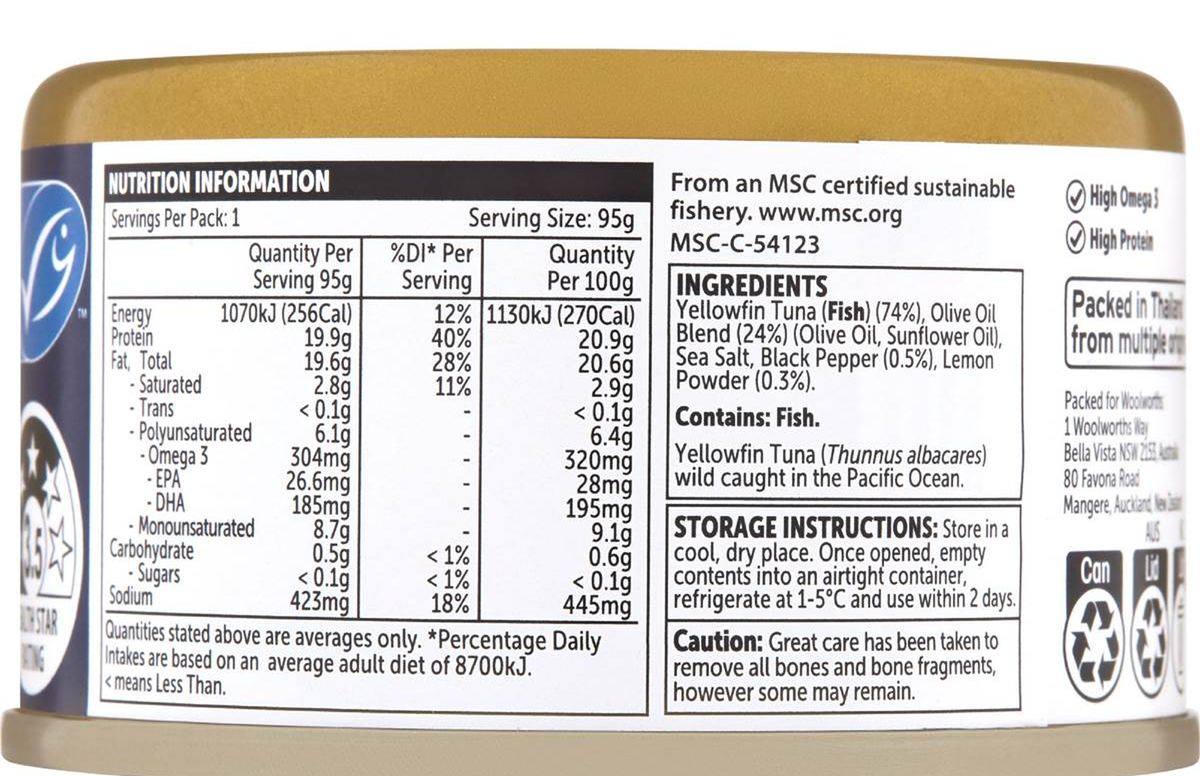Pack photograph of Woolworths Yellowfin Tuna Chunks Olive Oil With Lemon Pepper 95g showing the printed nutrition panel