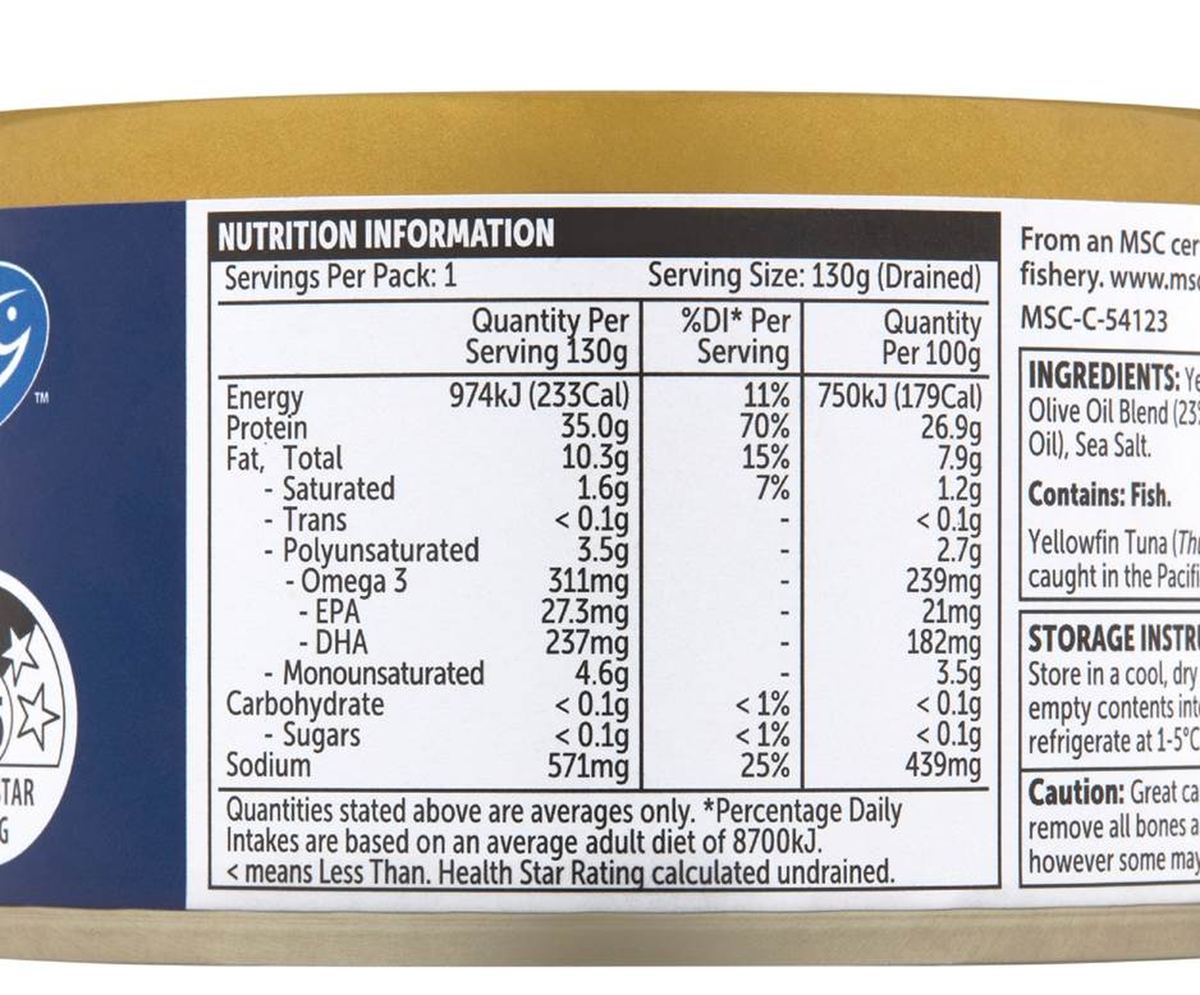 Pack photograph of Woolworths Yellowfin Tuna Chunks Olive Oil Blend 185g showing the printed nutrition panel