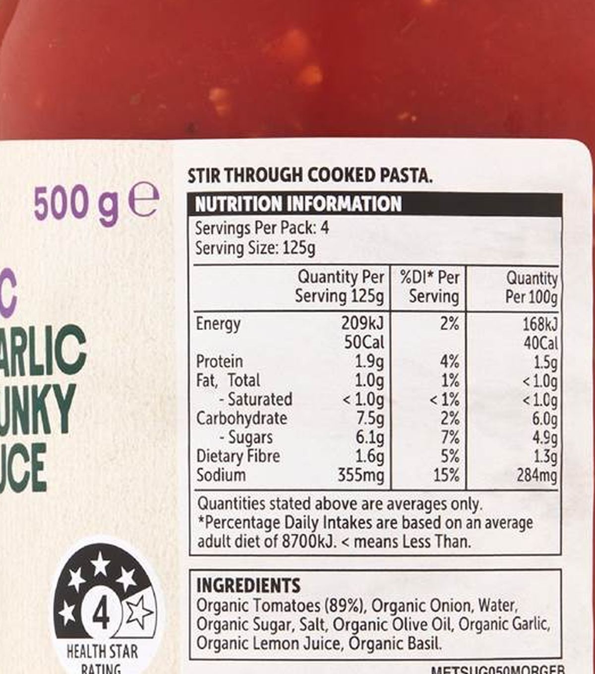 Pack photograph of Macro Organic Pasta Sauce Chunky Tomato Garlic Basil 500g showing the printed nutrition panel