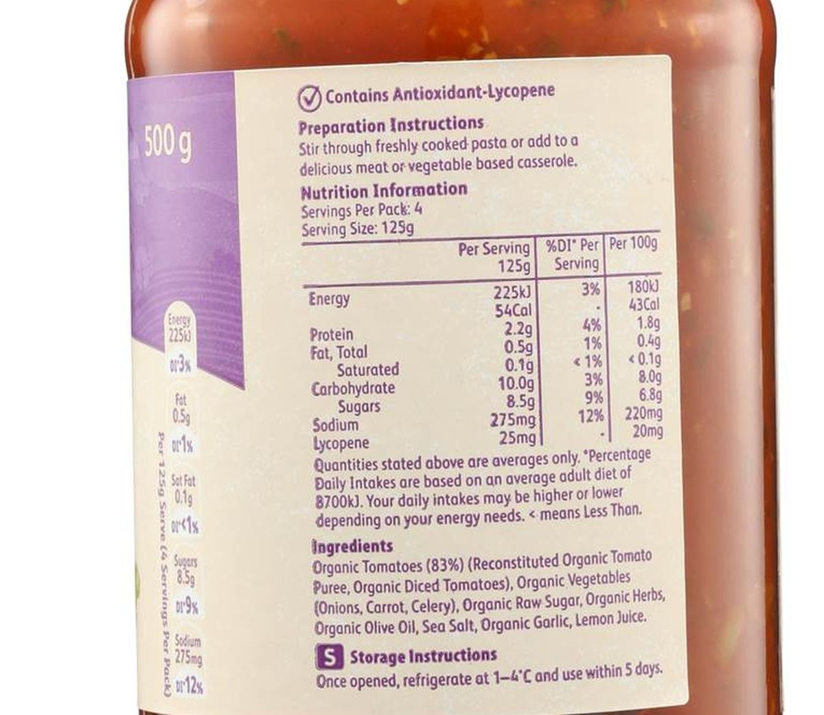 Pack photograph of Macro Organic Pasta Sauce Chunky Bolognese 500g showing the printed nutrition panel