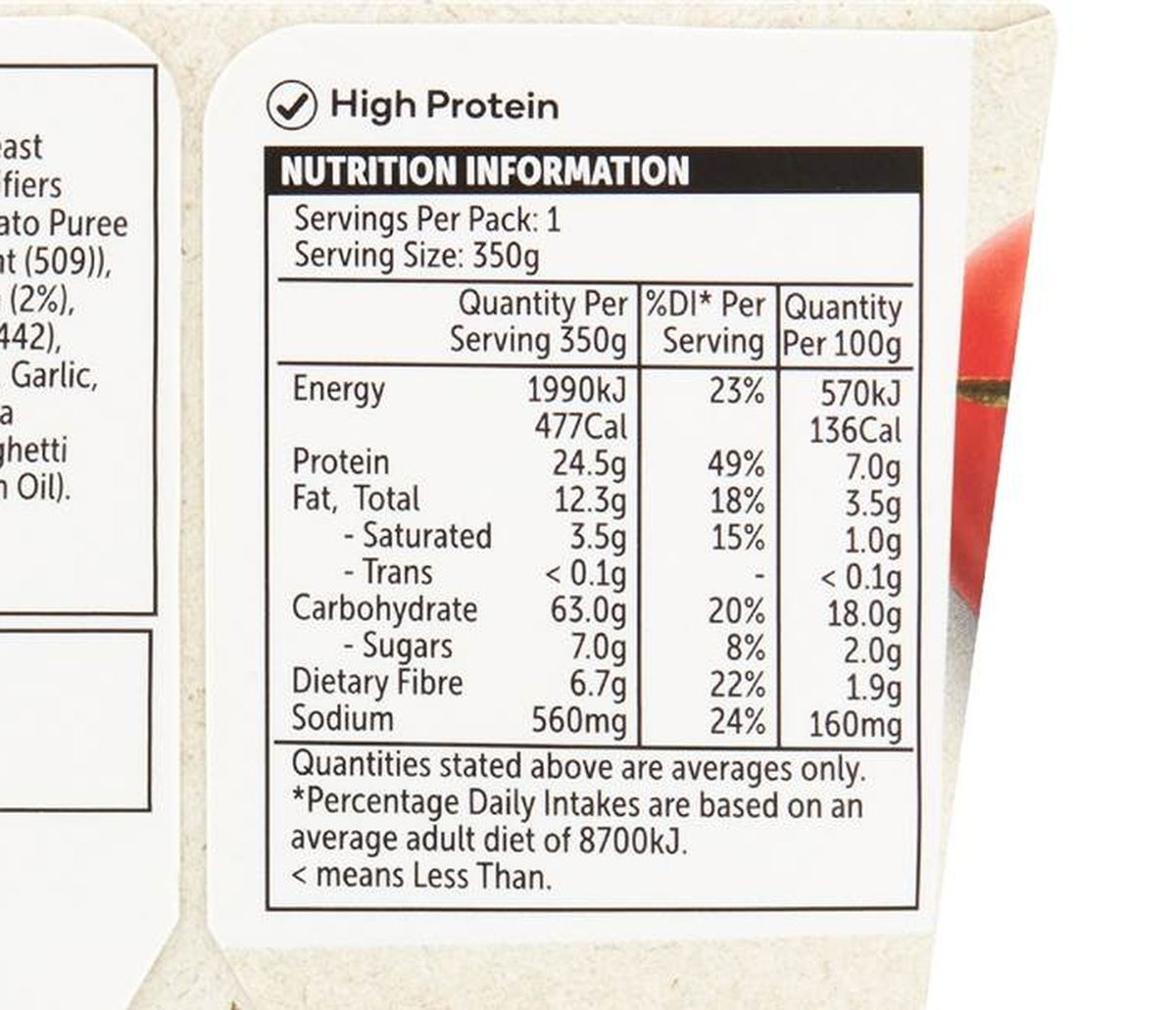 Pack photograph of Woolworths Chicken Bolognese Spaghetti 350g showing the printed nutrition panel
