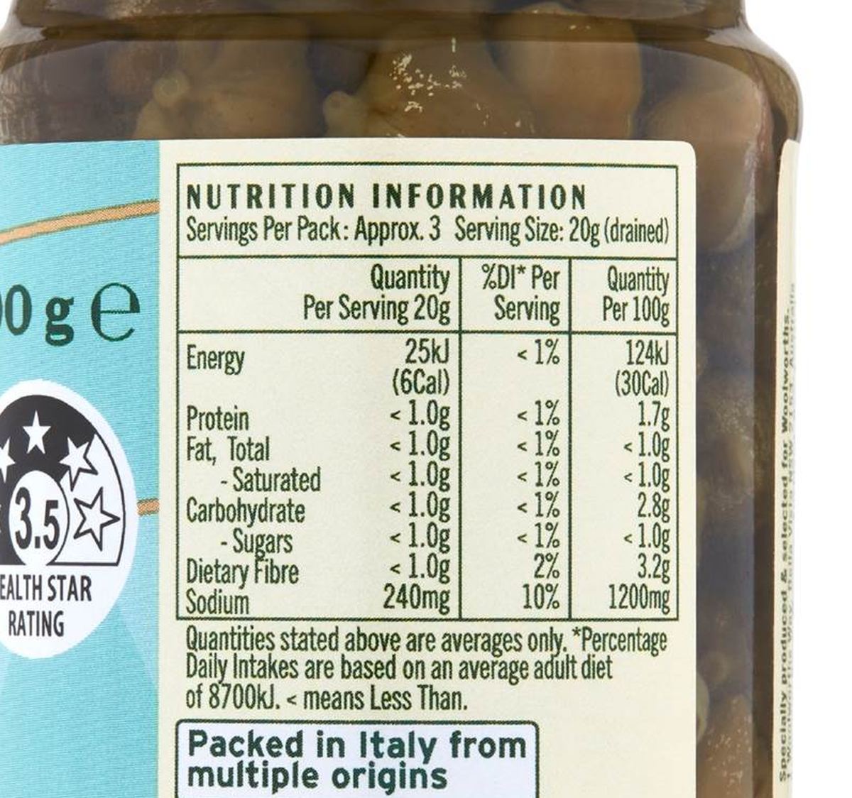 Pack photograph of La Gina Capotes Capers 100g showing the printed nutrition panel