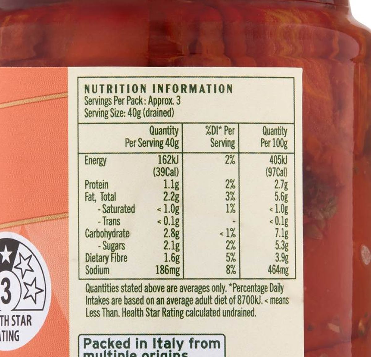 Pack photograph of La Gina Semi Dried Tomatoes 190g showing the printed nutrition panel