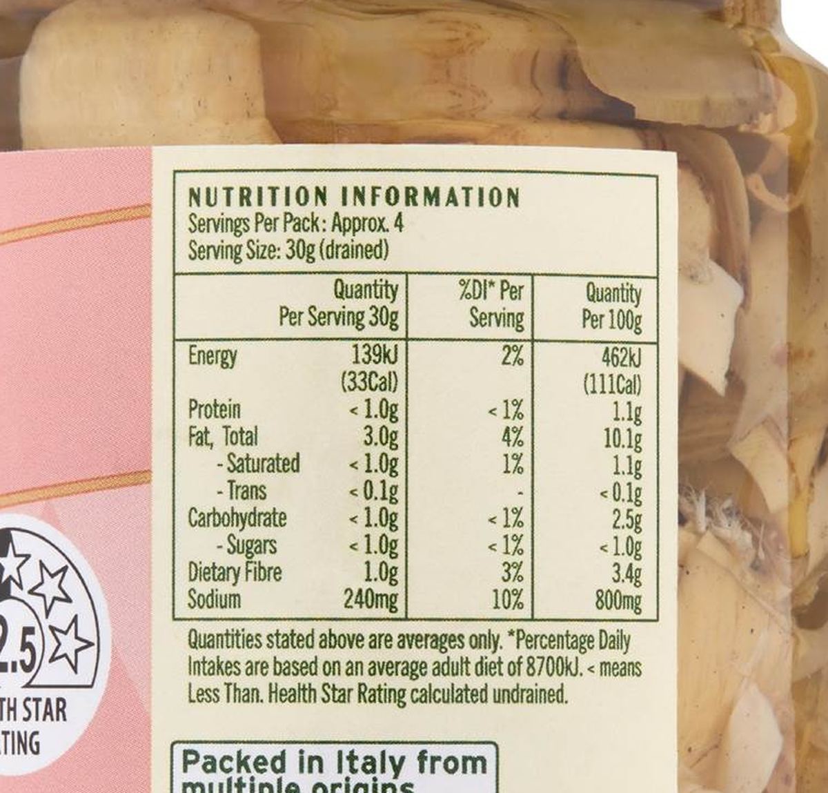 Pack photograph of La Gina Marinated Artichoke 180g showing the printed nutrition panel