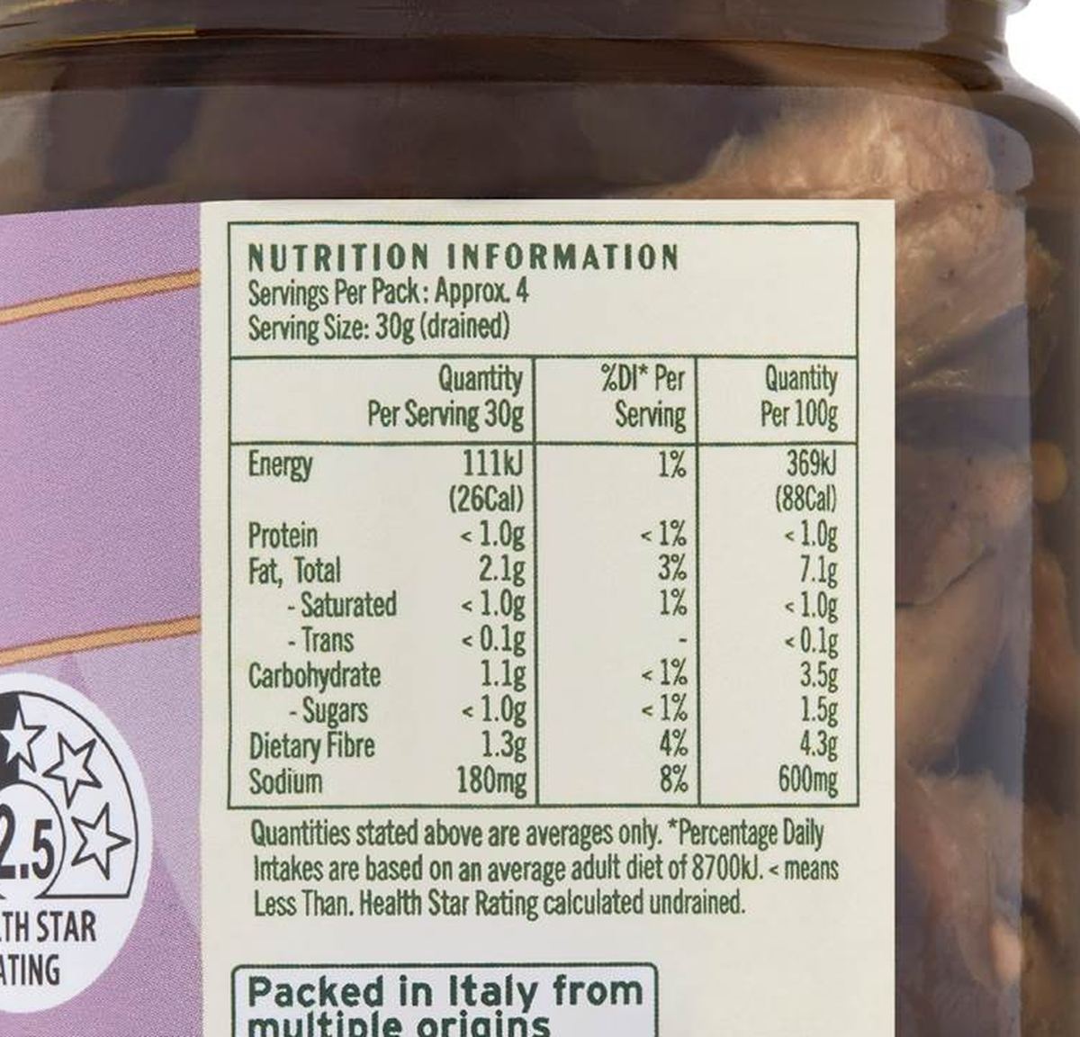Pack photograph of La Gina Marinated Eggplant 190g showing the printed nutrition panel