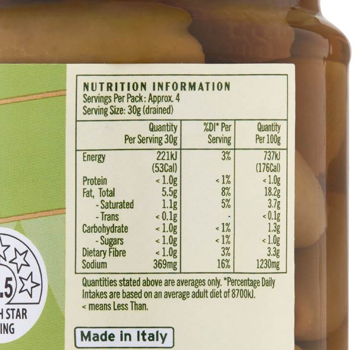 Pack photograph of La Gina Bella Di Cerignola Olives 200g showing the printed nutrition panel