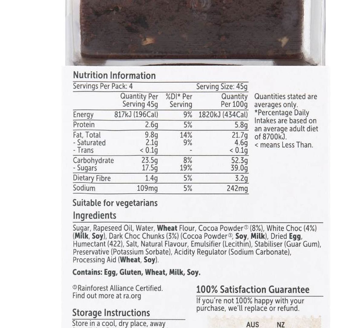 Pack photograph of Woolworths Brownie Slices 180g 4 pack showing the printed nutrition panel