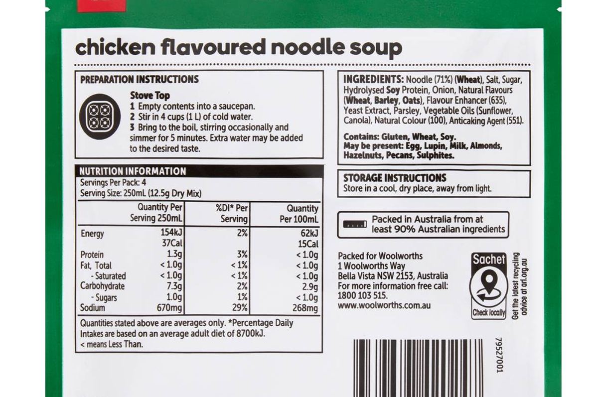 Pack photograph of Woolworths Essentials Chicken Flavoured Noodle Soup 50g showing the printed nutrition panel