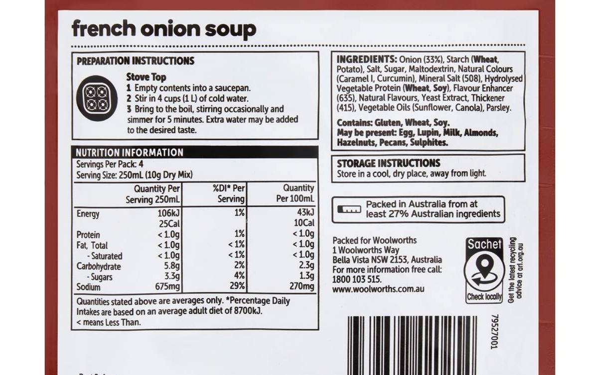 Pack photograph of Woolworths Essentials French Onion Soup 40g showing the printed nutrition panel