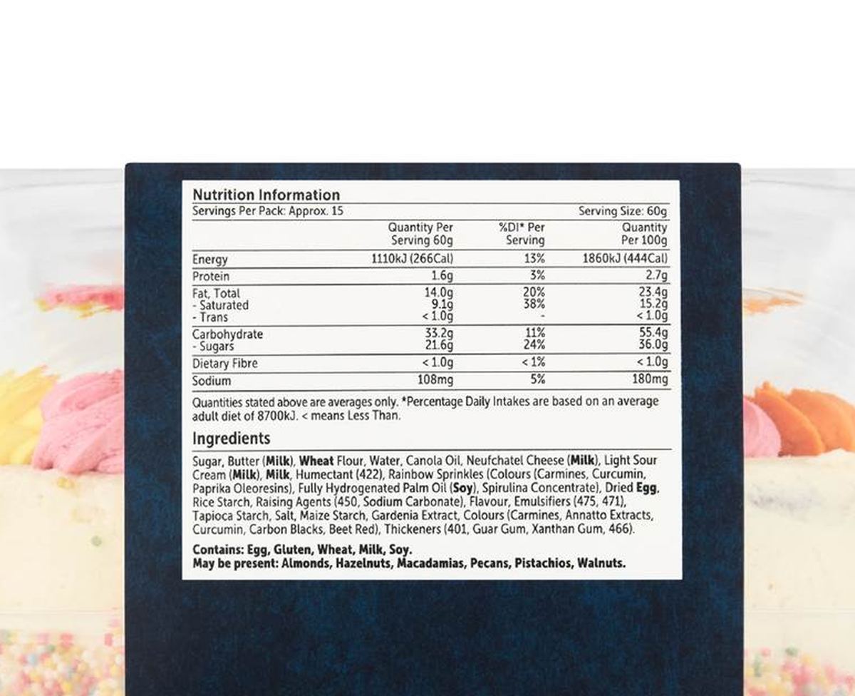 Pack photograph of Woolworths Yasmin The Unicorn Cake 900g showing the printed nutrition panel