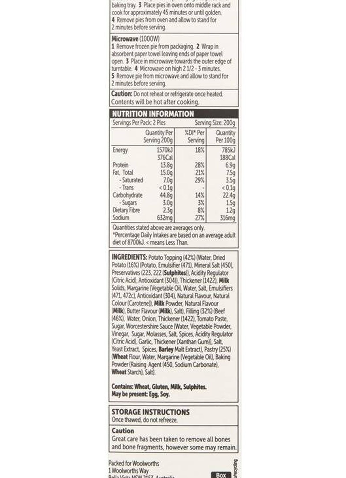 Pack photograph of Woolworths Potato Topped Beef Pie 2 Pack 400g showing the printed nutrition panel