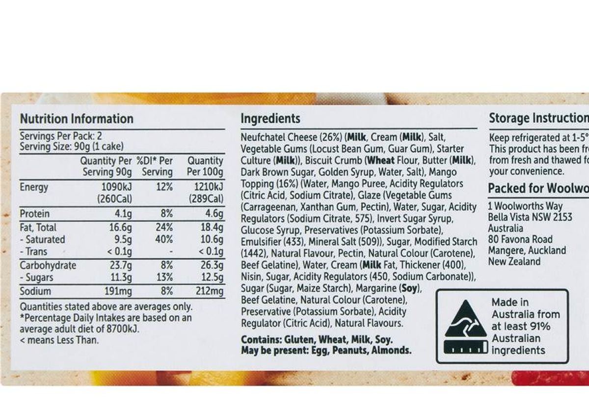 Pack photograph of Woolworths Mango Cheesecake 2 pack showing the printed nutrition panel