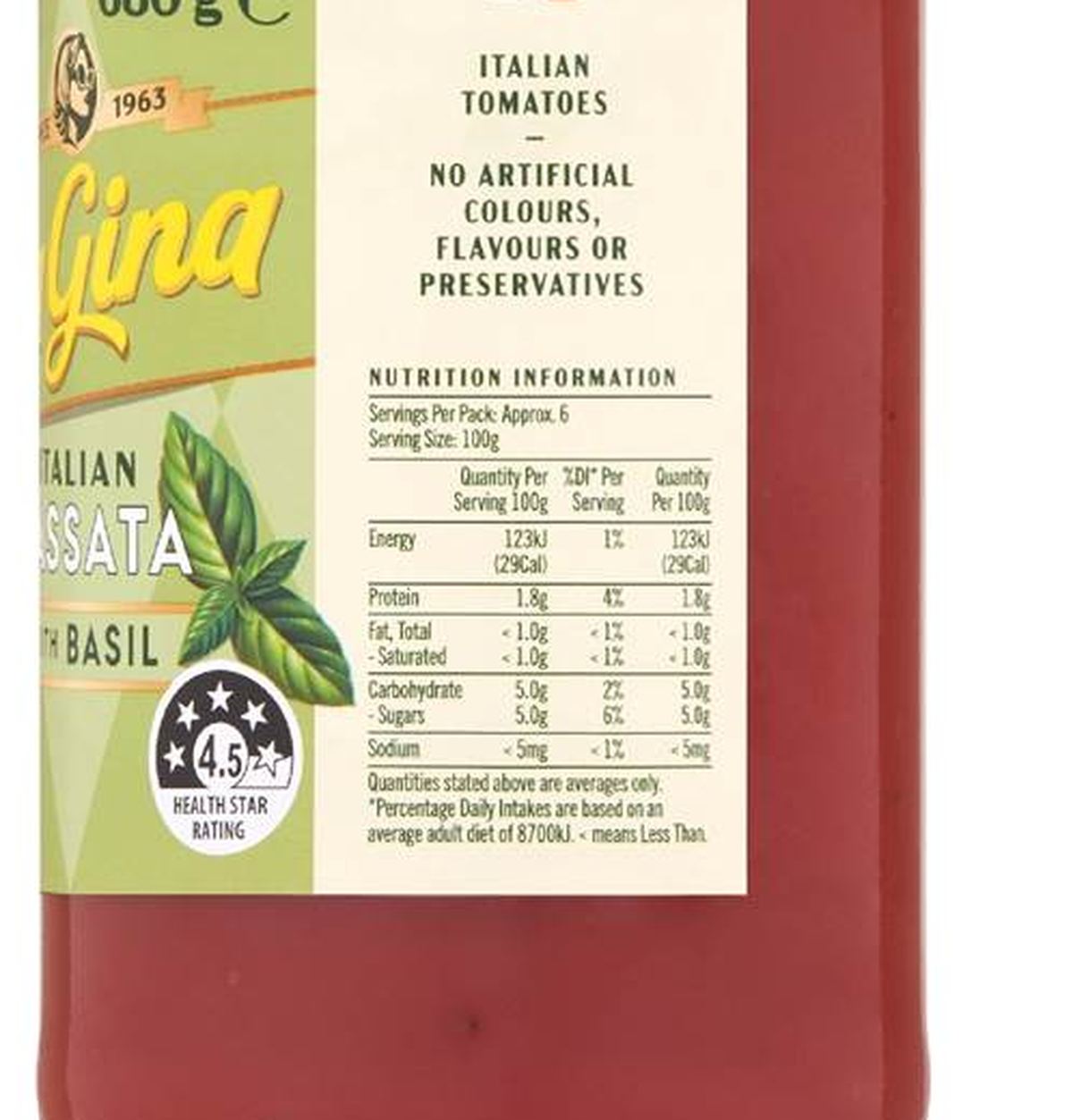 Pack photograph of La Gina Italian Passata With Basil 680g showing the printed nutrition panel
