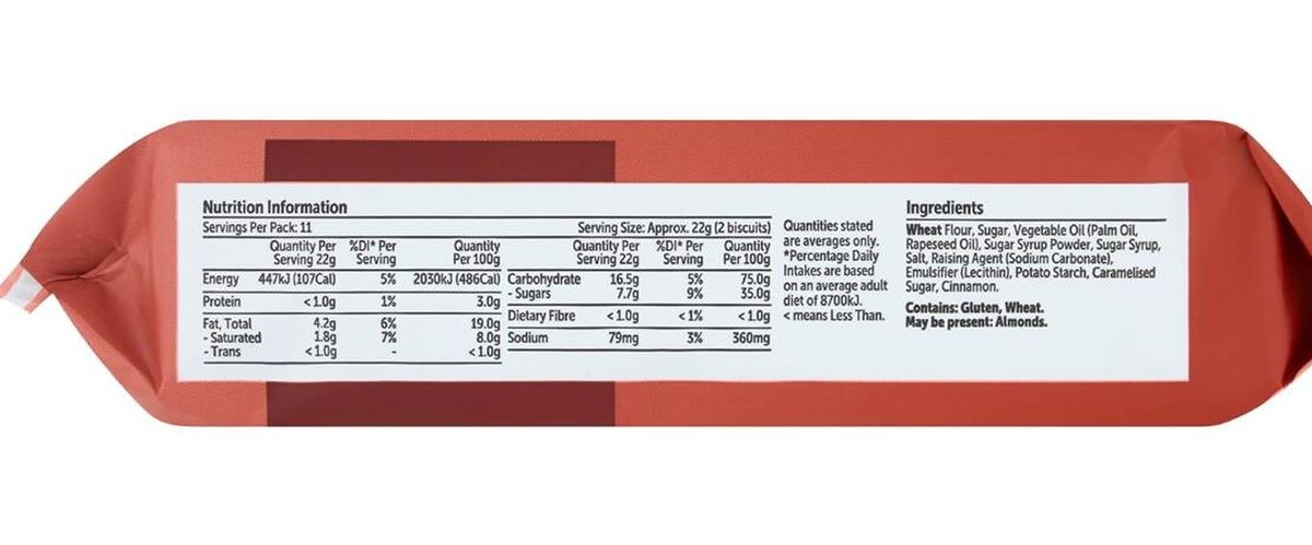 Pack photograph of Woolworths Caramelised Biscuit 250g showing the printed nutrition panel