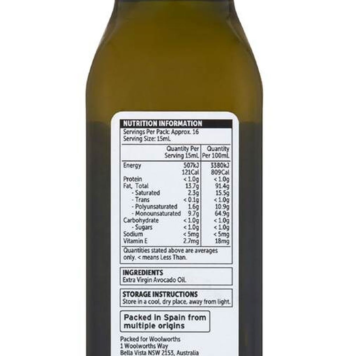 Pack photograph of Woolworths Extra Virgin Avocado Oil 250mL showing the printed nutrition panel