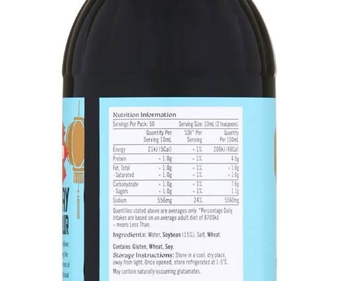 Pack photograph of Lantern Alley Light Soy Sauce 500mL showing the printed nutrition panel
