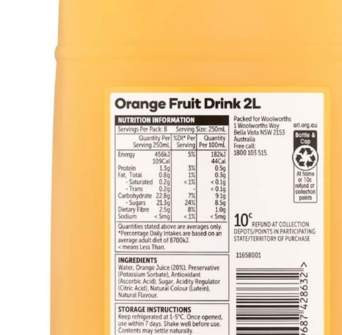 Pack photograph of Woolworths Fruit Drink Orange 2L showing the printed nutrition panel