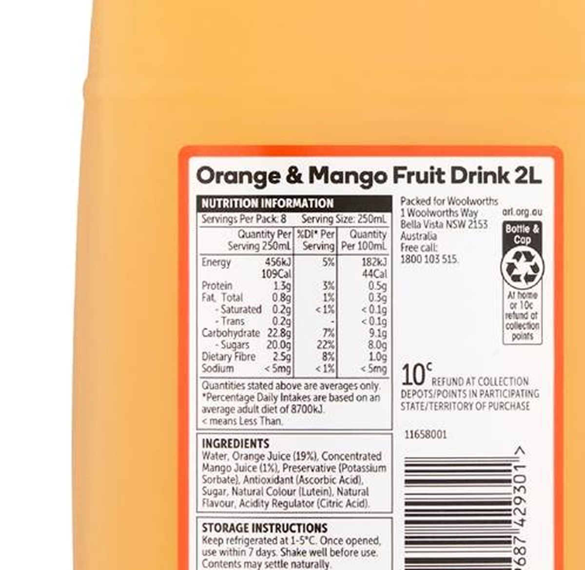 Pack photograph of Woolworths Fruit Drink Orange & Mango 2L showing the printed nutrition panel