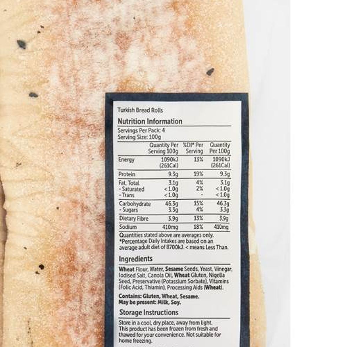 Pack photograph of Woolworths Stonebaked Turkish Rolls 4 pack showing the printed nutrition panel