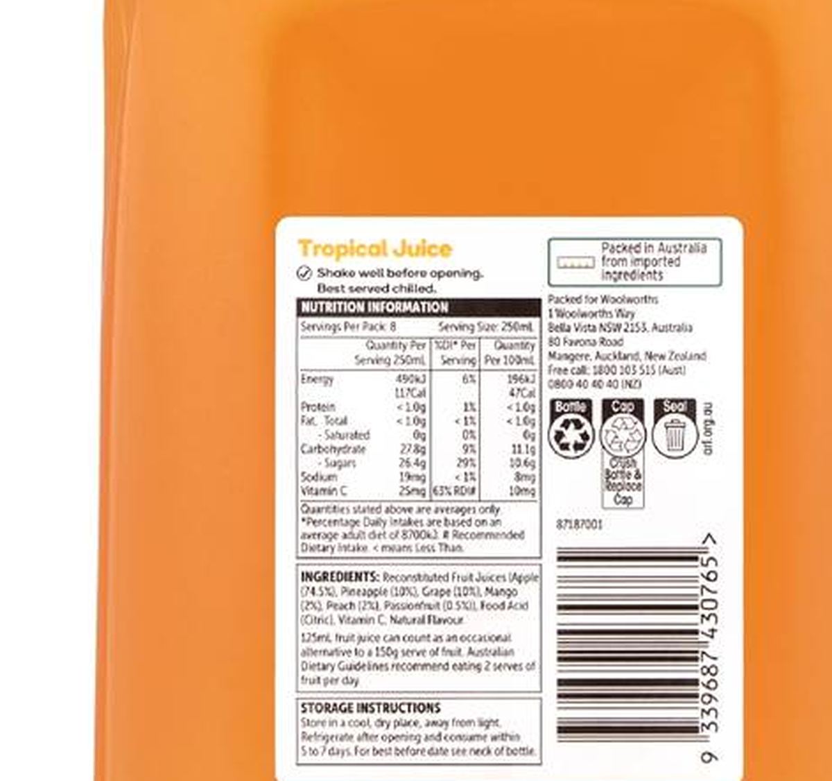 Pack photograph of Woolworths Tropical Juice 2L showing the printed nutrition panel